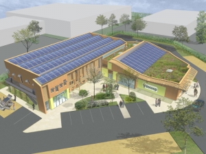 Centro comercial con cubierta vegetal y paneles solares